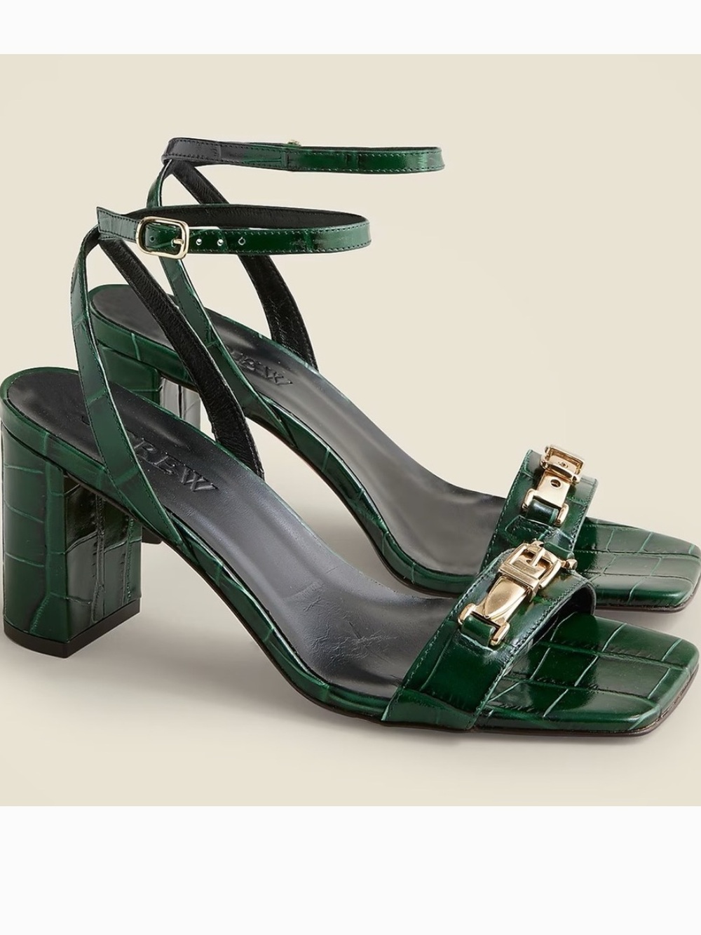 J. Crew Green Croc-Embossed Block Heel Sandals with Gold Buckles